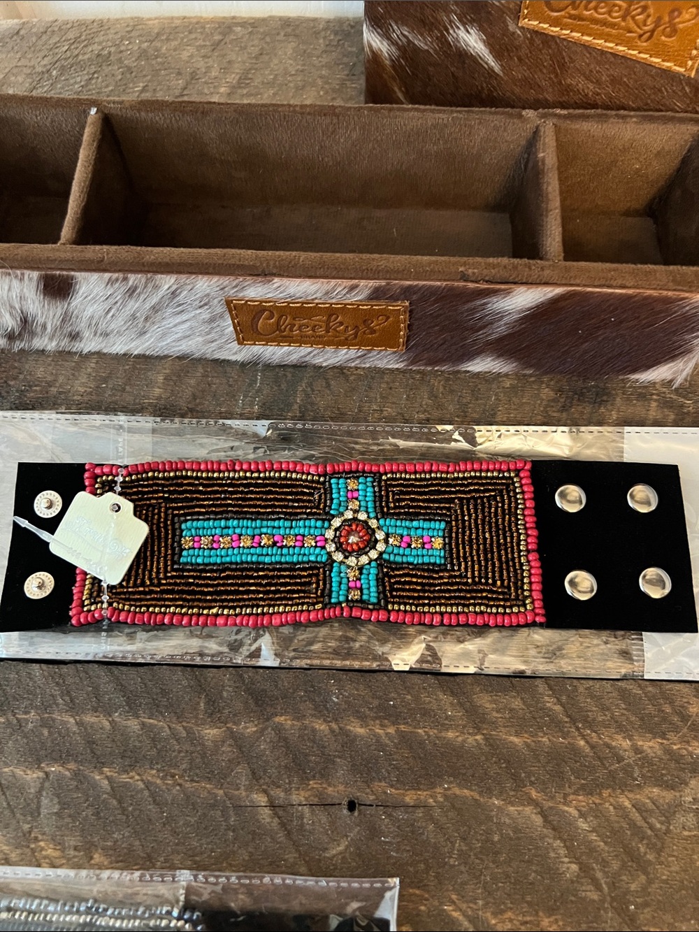 Beaded Cross Statement Wrist Cuff - Turquoise, Pink & Brown